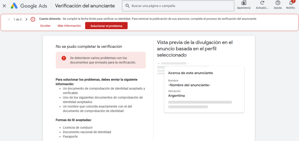 Vérification annonceur Google Ads